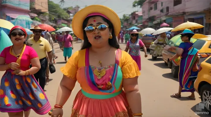 realism 4k ultra high definition / silly gangster comedy looking angry dark face young actress Bharti Singh, wear silly hat & color sunglasses & colorful dress , walking turn back to camera angry mood and going away from camera (wide shot) on srilankan decorated colorful crowded town road fancy dressed funny mens following her singing song to her