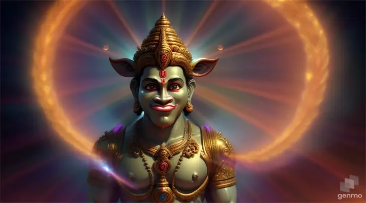 Witness the strength and grace of God Shri Hanuman as he emerges from the shadows, his body radiating with a cinematic glow against the dark background.