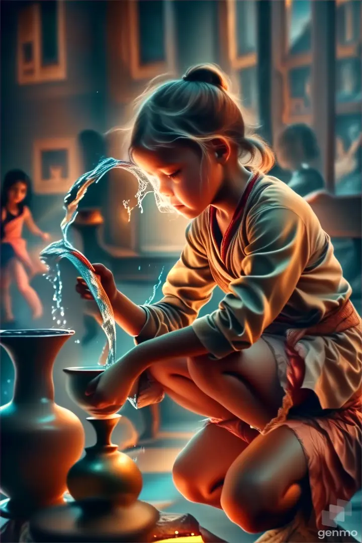 a young girl is pouring water into a vase