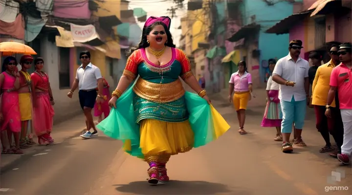 realism 4k ultra high definition / silly gangster comedy looking angry dark face young actress Bharti Singh, wear silly hat & color sunglasses & colorful dress , walking turn back to camera angry mood and going away from camera (wide shot) on srilankan decorated colorful crowded town road/ fancy dressed funny mens are following her singing song to her