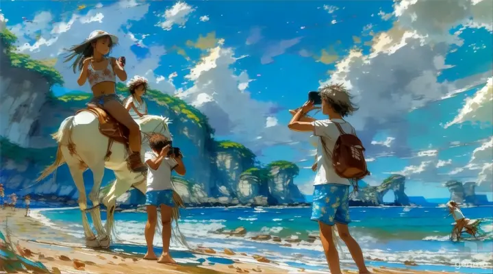 On the beach, a young girl wearing a white floral vest and white floral shorts, riding a white horse, a boy wearing a white T-shirt and blue floral shorts, holding a mobile phone to take pictures of the girl