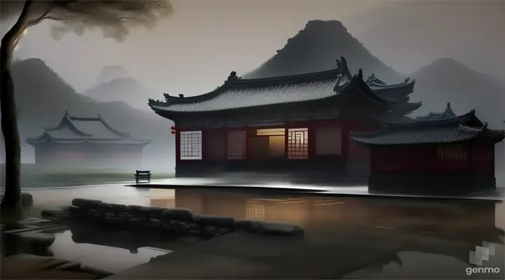 A lonely, rain-soaked ancient Chinese earthen house at night, with subtle lighting and soft textures