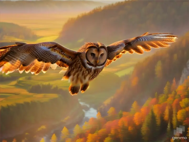 A beautiful Brown Tawny Owl Flying over the Hillside Sunrise, springtime, landscape.