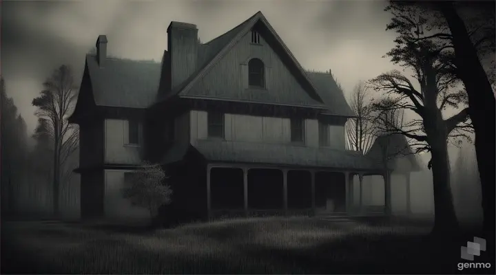 A very gloomy, scary house in the woods at night
