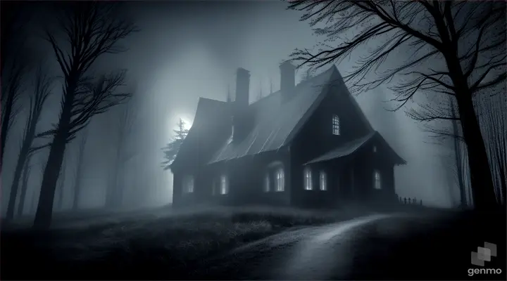 A very gloomy, scary house in the woods at night
