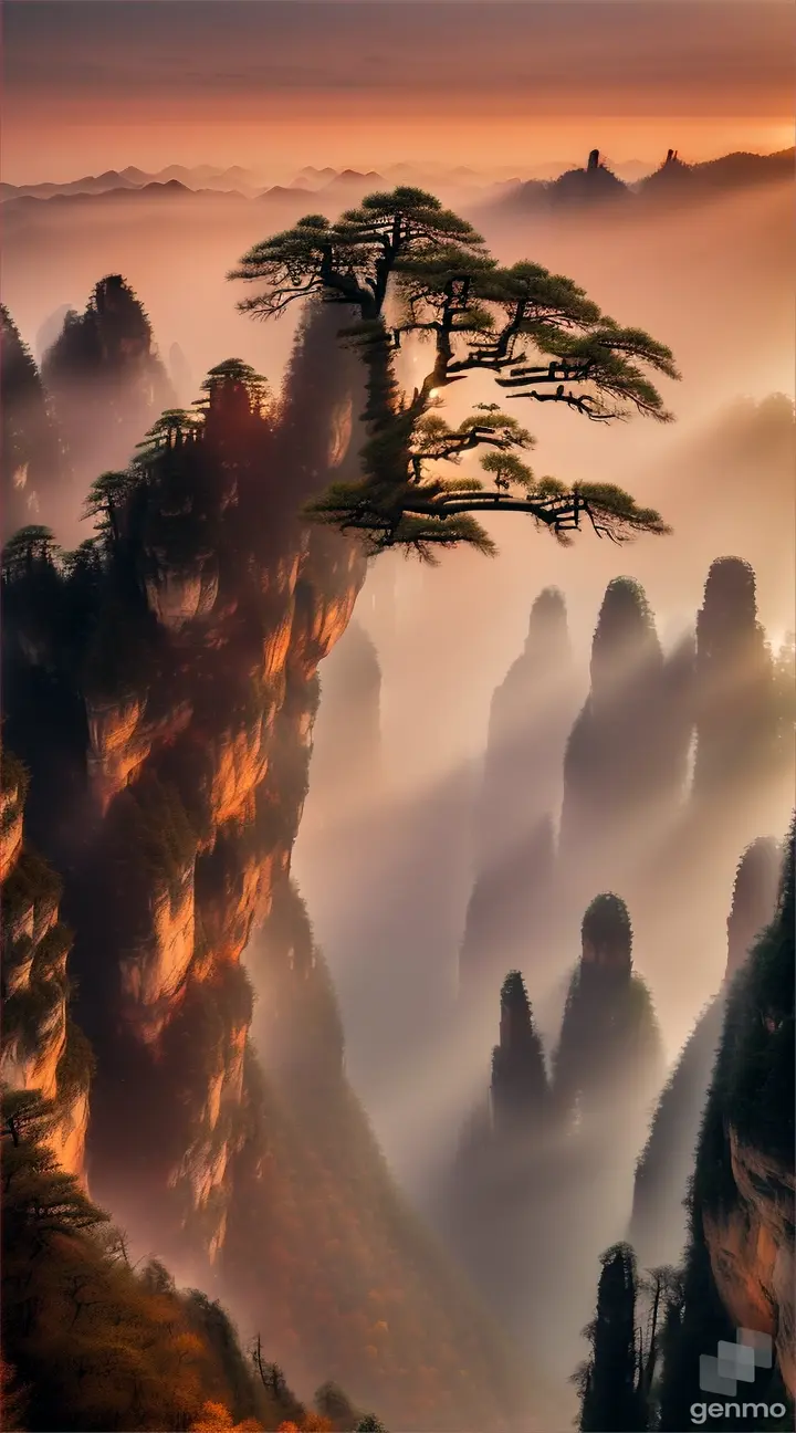 Masterful very colorful sumi-e ink wash on Xuan paper by Thomas Kinkade and Bob Ross, interpretation of A beautiful landscape photography of Zhangjiajie mountains, an intricate tree in the foreground, sunset, dramatic lighting by Anselm Adams and Albrecht,  8k  9\16