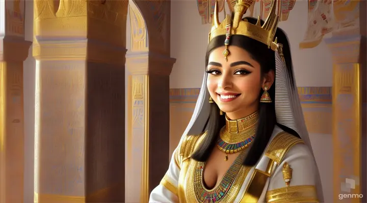 "This is an image inspired by ancient Egyptian culture, surrounded by a serene and mystical environment. The character has long, flowing white skin adorned big blue eye smile a little with flowers and wears intricate golden jewelry featuring a beautiful young woman in traditional attire standing inside a room decorated with unique symbols and architecture of Egypt. She smiles happily, wearing a golden crown with intricate designs, and her face is obscured by a beige rectangle. The walls are adorned with various Egyptian symbols and hieroglyphs, giving the image a historical and cultural atmosphere. Additionally, there is a door or window that opens to reveal the pyramids under a clear sky, creating a connection between the interior and the significant sites of ancient Egypt outside. To the right, there is a statue of an animal resembling a lion wearing an Egyptian crown similar to those worn by pharaohs, and the ceiling is decorated with colorful art and patterns characteristic of ancient Egyptian art." horizontal image