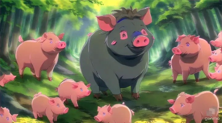 a group of pigs standing in a forest