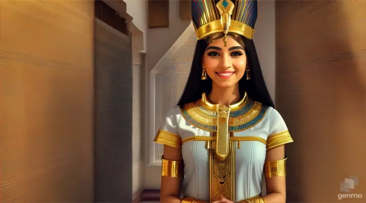 "This is an image inspired by ancient Egyptian culture, surrounded by a serene and mystical environment. The character has long, flowing white skin adorned big blue eye smile a little with flowers and wears intricate golden jewelry featuring a beautiful young woman in traditional attire standing inside a room decorated with unique symbols and architecture of Egypt. She smiles happily, wearing a golden crown with intricate designs, and her face is obscured by a beige rectangle. The walls are adorned with various Egyptian symbols and hieroglyphs, giving the image a historical and cultural atmosphere. Additionally, there is a door or window that opens to reveal the pyramids under a clear sky, creating a connection between the interior and the significant sites of ancient Egypt outside. To the right, there is a statue of an animal resembling a lion wearing an Egyptian crown similar to those worn by pharaohs, and the ceiling is decorated with colorful art and patterns characteristic of ancient Egyptian art." horizontal image