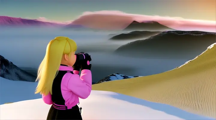 “a blonde girl in a pink jacket looking through binoculars at a thick black smoke-line, across snow-clad mountains far ahead, 3d animation”
Seed: 155474017