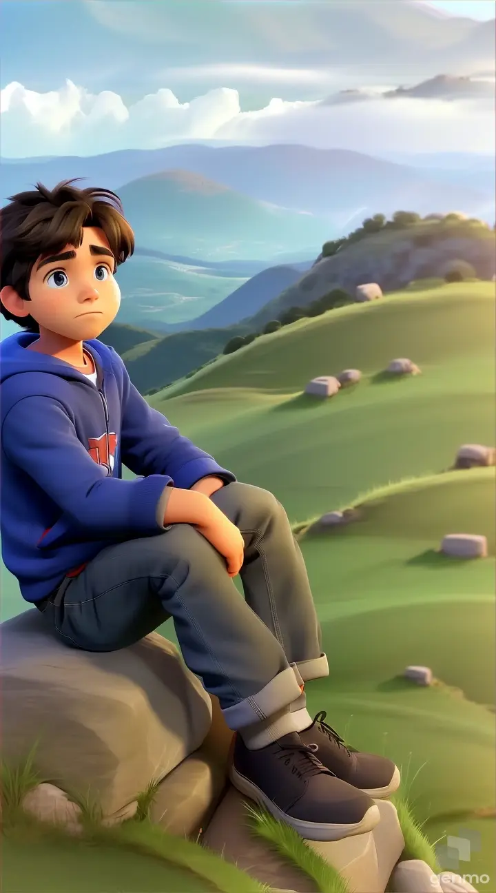 a boy sitting on a rock in the middle of a field