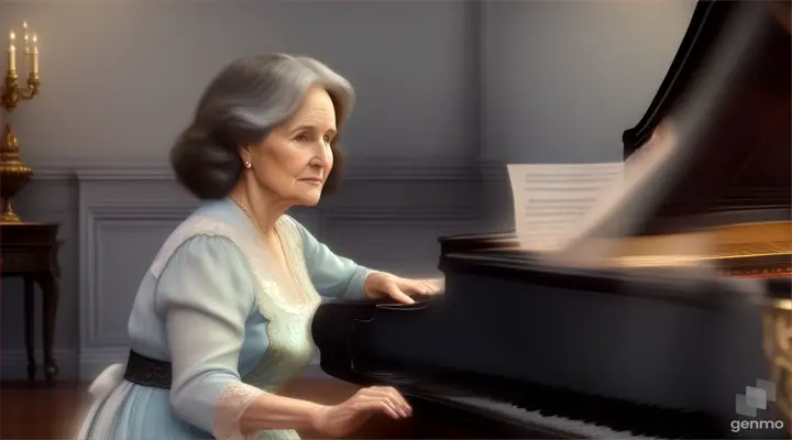 A beautiful gray-haired elderly woman, who looks like Andie McDowell, inspiringly plays a black piano in a room with antique furniture. High detail, digital painting style.