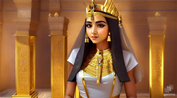 "This is an image inspired by ancient Egyptian culture, surrounded by a serene and mystical environment. The character has long, flowing white skin adorned big blue eye smile a little with flowers and wears intricate golden jewelry featuring a beautiful young woman in traditional attire standing inside a room decorated with unique symbols and architecture of Egypt. She smiles happily, wearing a golden crown with intricate designs, and her face is obscured by a beige rectangle. The walls are adorned with various Egyptian symbols and hieroglyphs, giving the image a historical and cultural atmosphere. Additionally, there is a door or window that opens to reveal the pyramids under a clear sky, creating a connection between the interior and the significant sites of ancient Egypt outside. To the right, there is a statue of an animal resembling a lion wearing an Egyptian crown similar to those worn by pharaohs, and the ceiling is decorated with colorful art and patterns characteristic of ancient Egyptian art." horizontal image