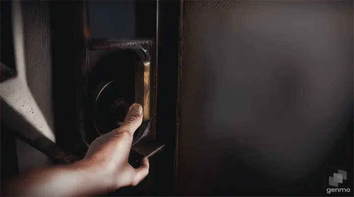 descent to the basement through a black door in an old wooden house
