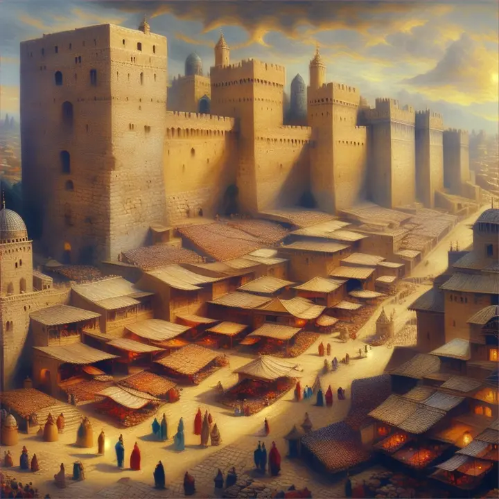 a painting of   jerusalem with a lot of people