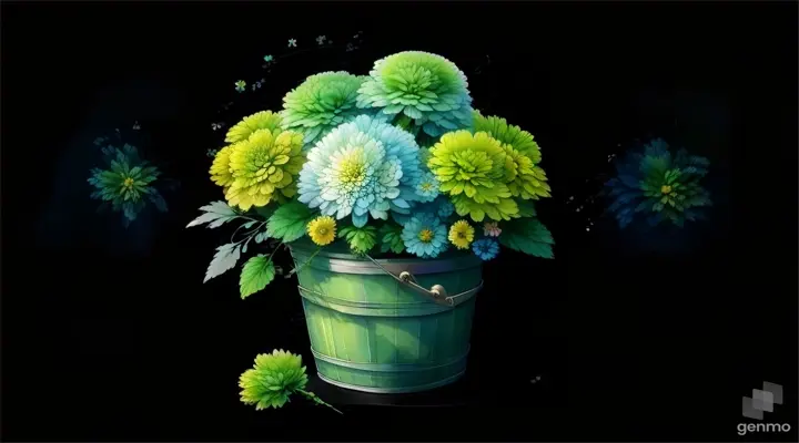 a painting of a bucket of flowers on a black background