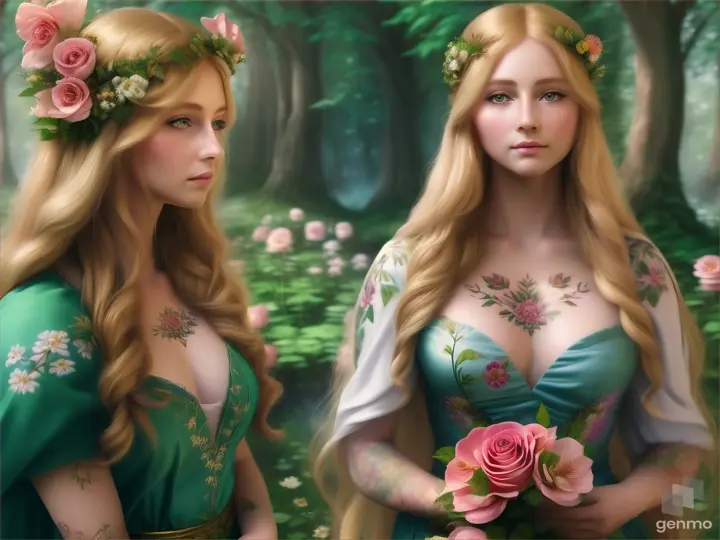 A beautiful goddess with long rose blonde hair, she has flower tattoos, lush green woodland, landscape.