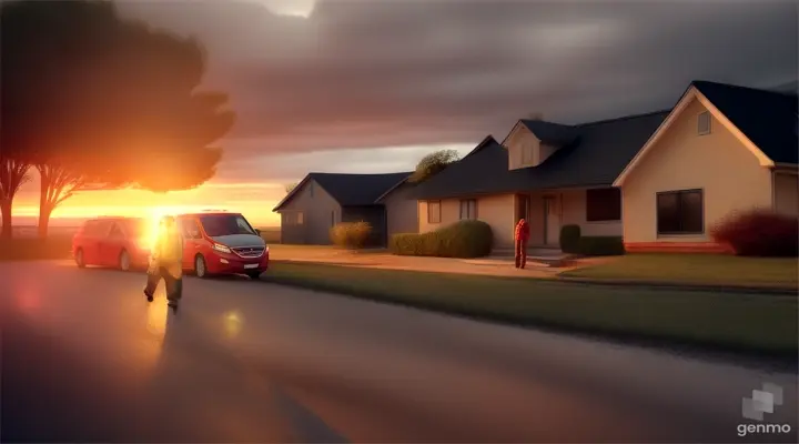 A sad 35-year-old man, who looks like Grant Gustin, stands near the house and looks at the departing ambulance. High detail, digital painting style.