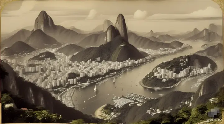 A panoramic view of Rio de Janeiro in the 1850s, with lush vegetation covering the hills and the bay dotted with sailboats, while the colonial city stretches along the coast. Antique yellowish photograph, Landscape, Nostalgic Atmosphere, Old houses from the time, No modern buildings