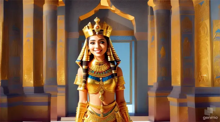 "This is an image inspired by ancient Egyptian culture, surrounded by a serene and mystical environment. The character has long, flowing white skin adorned big blue eye smile a little with flowers and wears intricate golden jewelry featuring a beautiful young woman in traditional attire standing inside a room decorated with unique symbols and architecture of Egypt. She smiles happily, wearing a golden crown with intricate designs, and her face is obscured by a beige rectangle. The walls are adorned with various Egyptian symbols and hieroglyphs, giving the image a historical and cultural atmosphere. Additionally, there is a door or window that opens to reveal the pyramids under a clear sky, creating a connection between the interior and the significant sites of ancient Egypt outside. To the right, there is a statue of an animal resembling a lion wearing an Egyptian crown similar to those worn by pharaohs, and the ceiling is decorated with colorful art and patterns characteristic of ancient Egyptian art." horizontal image