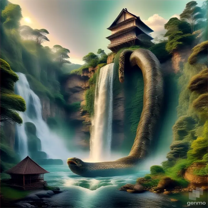 a giant snake is in front of a waterfall