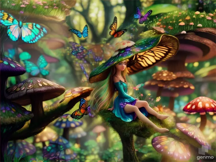 Thumbelina sitting on a mushroom while surrounded by luminous butterflies in a magical forest