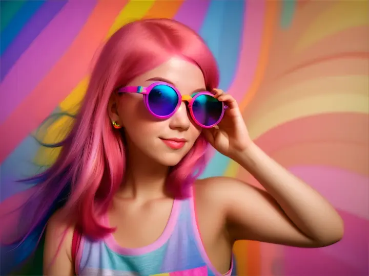 Pink hair girl with binocular sunglasses and a rainbow wall behind.