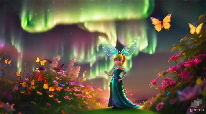 Thinkerbell in a glowing garden of northern lights, with butterflies flitting about