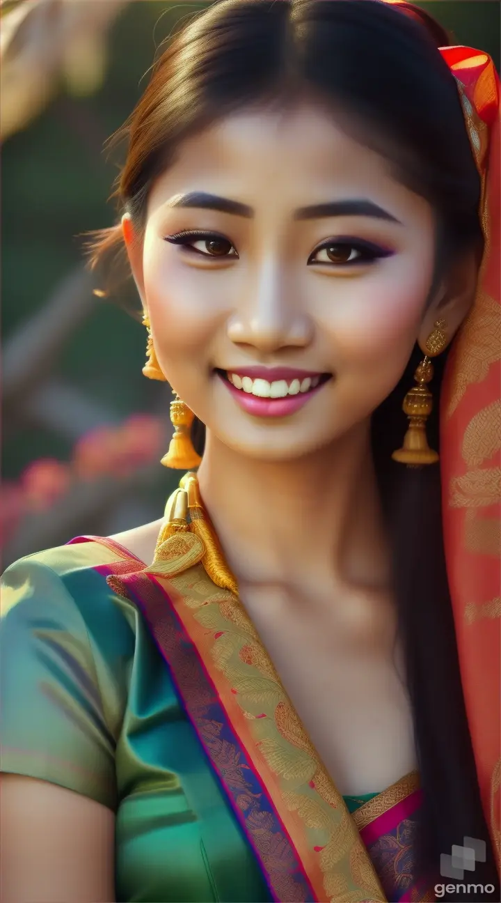 Gorgeous Asian girl smile and her hair is blowing by wind. she's wearing traditional saree.
