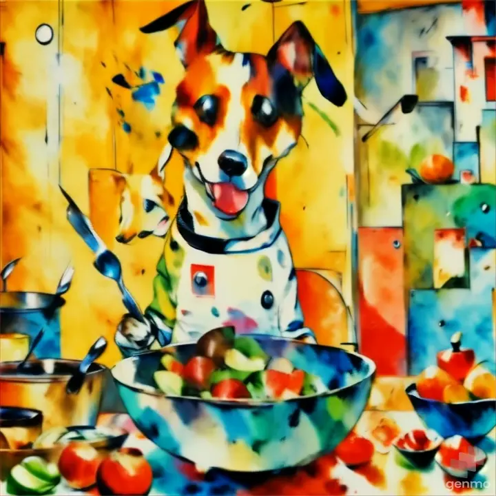 a painting of a dog eating out of a bowl