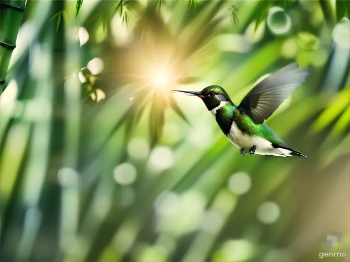 Tranquil oasis in a bamboo forest, sunlight filtering through leafy canopy, with a hummingbird in the foreground.