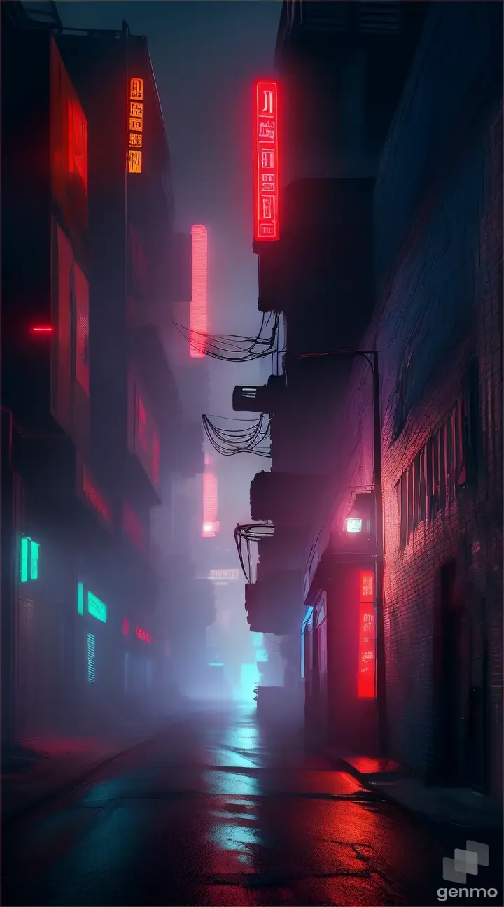 Xenomorphic cyberpunk alley way red signs