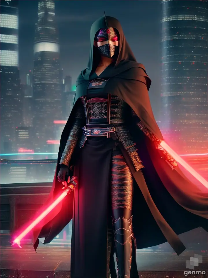 Black girl as a masked jedi samurai in an abaya