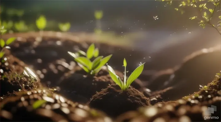 [The scene opens with a close-up shot of rich, dark soil, finely textured and moist from recent watering. The earth appears fertile and full of potential.]

[From the center of the frame, a small, tender green shoot emerges, breaking through the surface of the soil. Its vibrant hue contrasts beautifully with the earthy tones of the surrounding soil.]

[As the camera zooms in, the details of the sprouting plant become clearer. Tiny, delicate leaves unfurl, reaching eagerly towards the warm sunlight filtering through the canopy above.]

[With each passing moment, the plant grows taller and stronger, displaying the resilience and determination of new life. Its stem elongates gracefully, while additional leaves unfurl, expanding the plant's presence in the frame.]

[The roots of the plant, though unseen beneath the soil, anchor it firmly in place, providing stability and nourishment as it continues to grow.]

[The surrounding environment comes to life as well, with insects buzzing around and birds chirping in the distance. Nature's symphony accompanies the plant's journey, underscoring the interconnectedness of all living things.]

[As the scene fades to black, the plant stands tall and proud, symbolizing the endless cycle of growth and renewal in the natural world.]

This descriptive narrative aims to capture the beauty and significance of a green plant sprouting from the soil, embodying the spirit of growth and new beginnings in nature.






