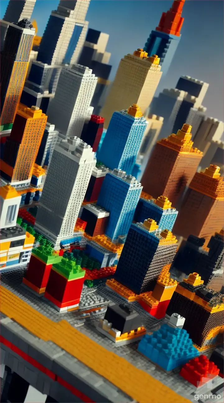 Image of Lego City, camera pans slowly from above (((Lego style))), lego movie style, bright colours, block building style, 