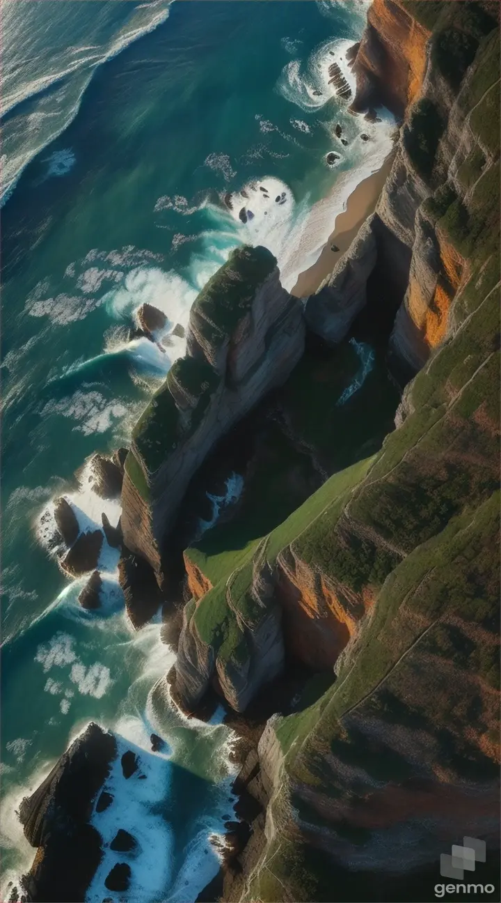 Drone photography, aerial view, a cliff, Coastal rocky, cliffs, waves, Hyperdetailed, Beautiful landscape, Surreal, ocean, Stormy, Natural lighting, shadows, Chiaroscuro, Hdr, 8k, wallpaper, intricate detail, Photorealistic,,  8k  9\16