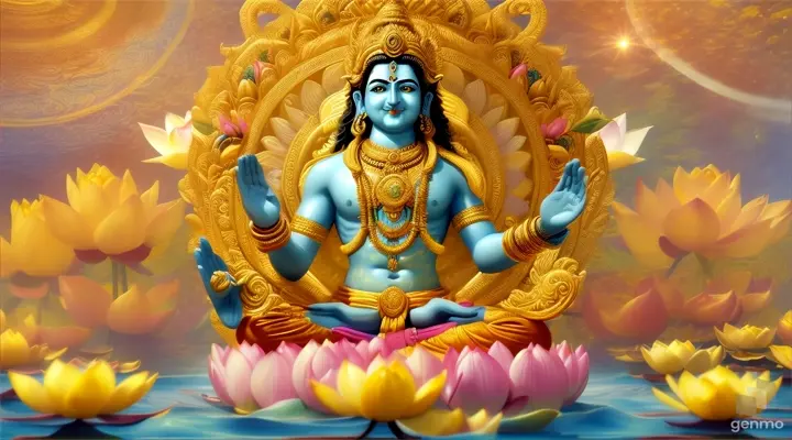 Hindu god vishnu with yellow flowers 16:9 ratio, planet, water wave, yellow circumtances
