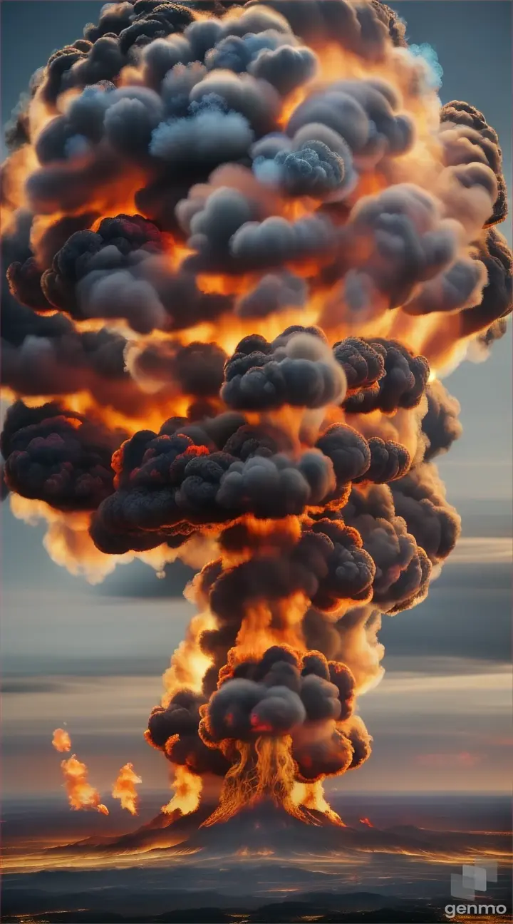 An explosion isolated, SMOKE, FLAMES, PIROCLASTIC CLOUD  8k  9\16