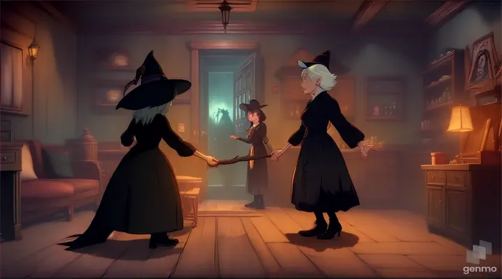 Generate an animated video scene where the old witch storms over and confronts the young couple, ultimately barging into their cottage. Capture the tension and drama as the witch's presence fills the space, her dark aura contrasting with the warmth of the couple's home. Use dynamic animation to portray the confrontation, with expressive facial expressions and gestures conveying the characters' emotions and the escalating conflict