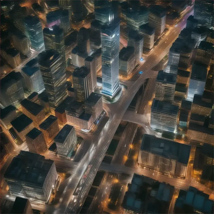 an aerial view of a city at night