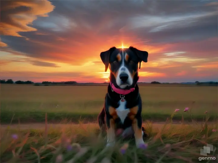 anomate of a dog sitting in the middle of a field watching the sun go down in the distance with clouds in the sky.