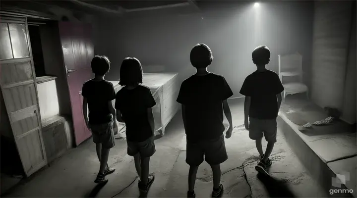 3 friends, 3 teenage boys, at night, walking in an old rented house in a small town (Indonesia). with video size 16:9