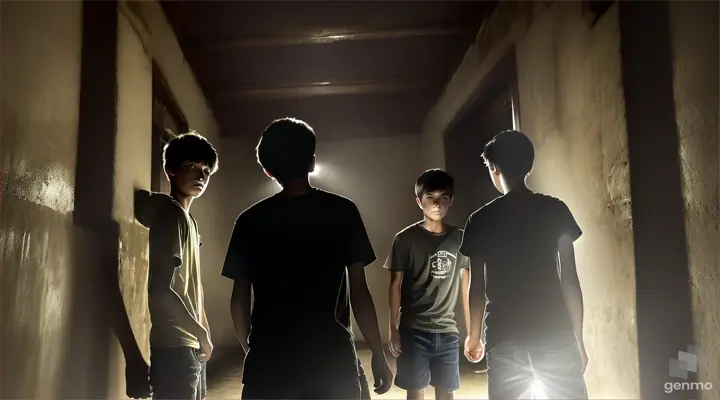 three friends, three teenage boys, at night, walking in the hallway in an old rented house in a small town (Indonesia). with video size 16:9
