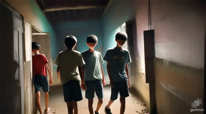 three friends, three teenage boys, at night, walking in the hallway in an old rented house in a small town (Indonesia). with video size 16:9