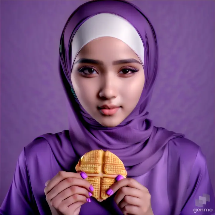 a woman eat in a purple hijab a waffle and eat waffle 