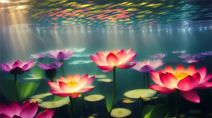 Mystical lotus flowers in an underwater lily pond, illuminated by otherworldly light