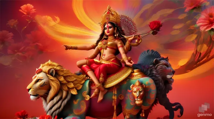 Indian godess mata durga sitting on back of a lion, body movement, surrounded by red hibiscus flowers,
