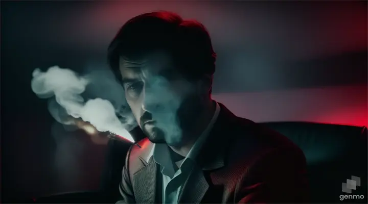 There is a man sitting on a chair in a dark and scary room with smoke flying around