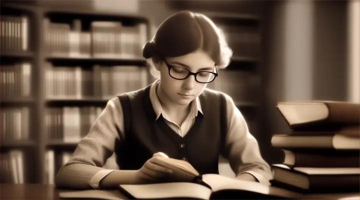 Fotografía antigua de una joven bibliotecaria leyendo un libro en su mesa