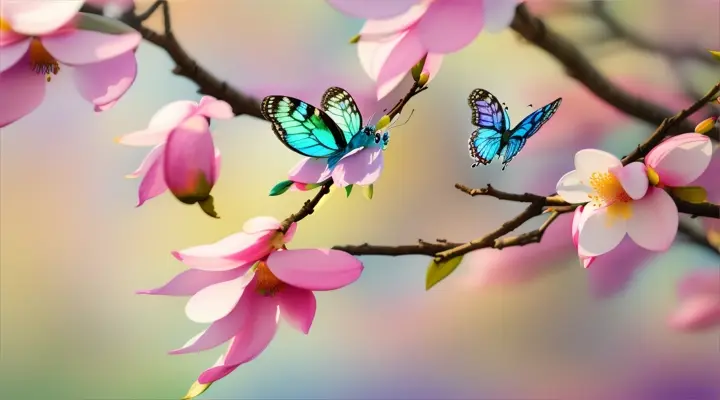 Watercolor still of rainbow butterflies parading among magnolia blooms